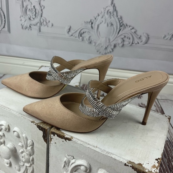 Classy Rhinestone Strap Suede Heel Pointed Toe Mules Aldo Noawia - Picture 2 of 14
